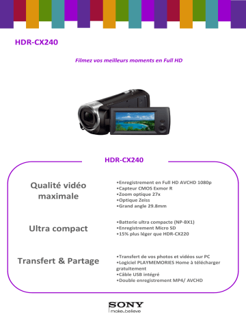 Product information | Sony HDR-CX240 Caméscope Product fiche | Fixfr