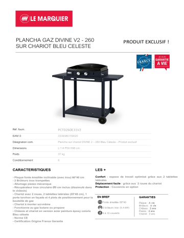 Product information | Le Marquier DIVINE 260 BLEU CELESTE Plancha gaz Product fiche | Fixfr