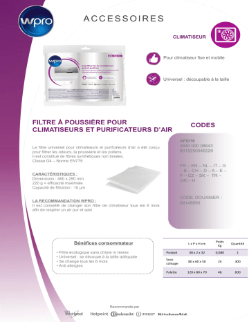 Product information | Wpro universel pour clim AFI016 Filtre climatiseur Product fiche | Fixfr