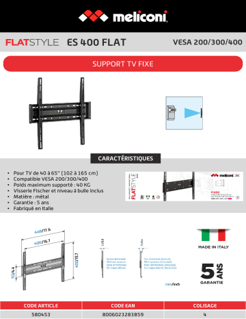 Product information | Meliconi ES-400 Flat 40-65 pouces Support mural TV Product fiche | Fixfr