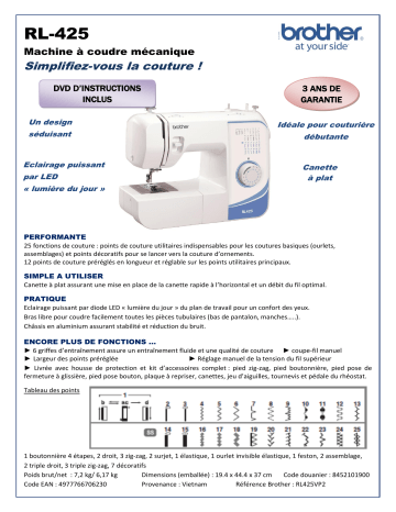 Product information | Brother RL425 Machine à coudre Product fiche | Fixfr