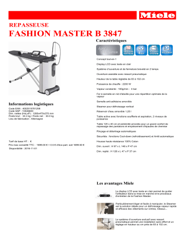 Product information | Miele FASHION MASTER B3847 Centre de repassage Product fiche | Fixfr