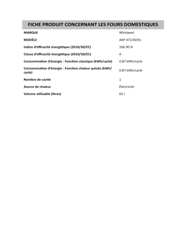 Product information | Whirlpool AKP471IX/01 Four encastrable Product fiche | Fixfr