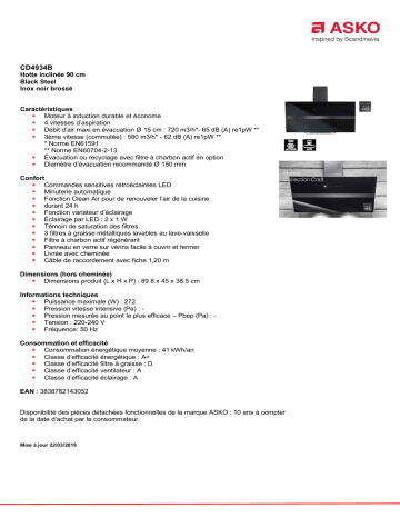 Product information | Asko CD4934B Hotte décorative Product fiche | Fixfr
