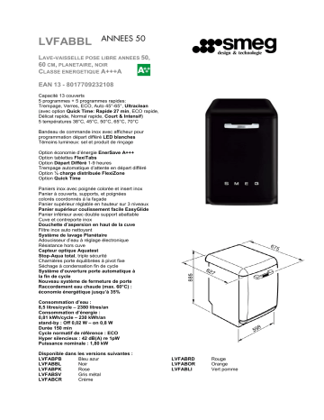 Product information | Smeg LVFABBL NOIR Lave vaisselle 60 cm Product fiche | Fixfr