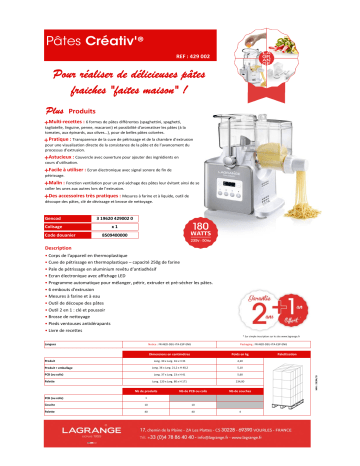 Product information | Lagrange Pâtes Créativ' 429002 Machine à pâtes Product fiche | Fixfr