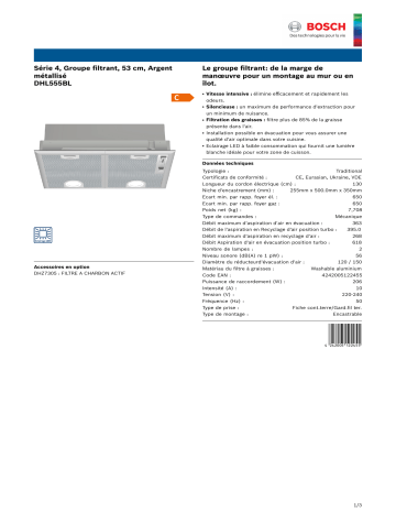 Product information | Bosch DHL555BL SERIE 4 Groupe filtrant Product fiche | Fixfr