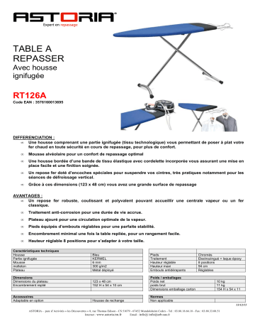 Product information | Astoria RT126A Table à repasser Product fiche | Fixfr