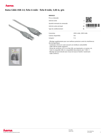 Product information | Hama USB 2.0 male/male 5M gris Câble imprimante Product fiche | Fixfr