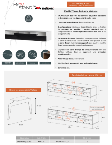 Product information | Meliconi Salamanque 160 cm blanc Meuble TV Product fiche | Fixfr