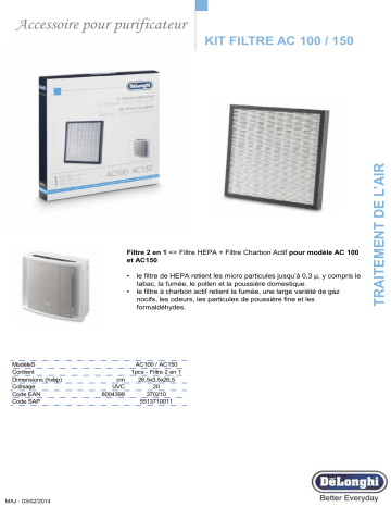 Product information | Delonghi pour AC 100/150 Filtre Product fiche | Fixfr