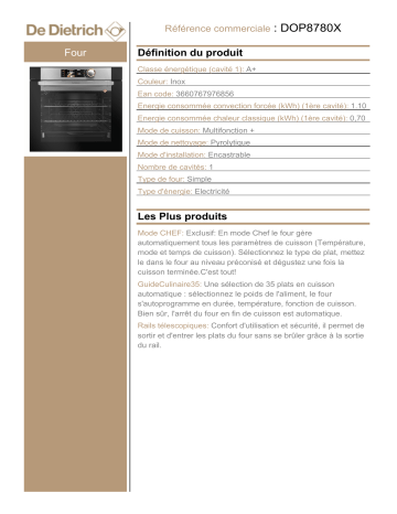 Product information | De Dietrich DOP8780X PERFECT SENSOR Four encastrable Product fiche | Fixfr