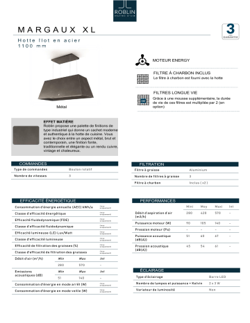 Product information | Roblin MARGAUX ILOT 1100 FONTE Hotte décorative îlot Product fiche | Fixfr