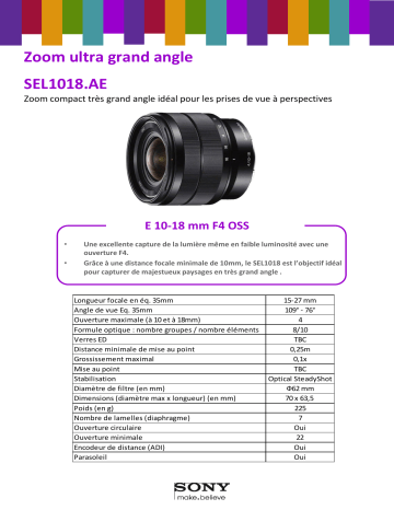 Product information | Sony SEL 10-18mm f/4 OSS Noir Objectif pour Hybride Product fiche | Fixfr
