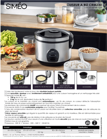 Product information | Simeo Inox CRM230 Cuiseur à riz Product fiche | Fixfr