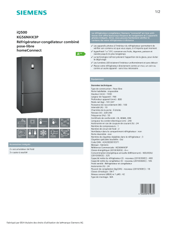 Product information | Siemens KG56NHX3P Connecté Réfrigérateur combiné Product fiche | Fixfr