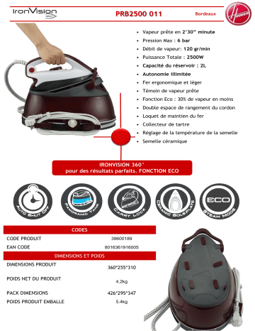 Product information | Hoover PRB2500 IronVision Centrale vapeur Product fiche | Fixfr