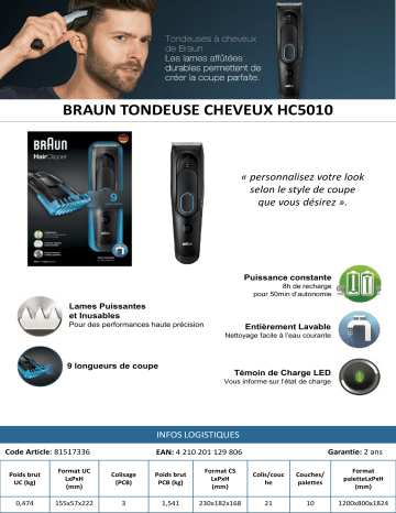 Product information | Braun HC5010 - 9 longueurs Tondeuse cheveux Product fiche | Fixfr