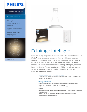 Product information | Philips Amaze pendant white Bluetooth Suspension Product fiche | Fixfr