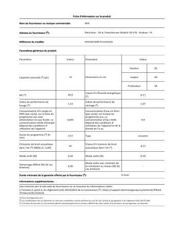 Product information | AEG FES5367XZM Lave vaisselle Manuel utilisateur | Fixfr