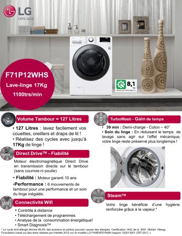 Product information | LG F71P12WHS Lave linge hublot Product fiche | Fixfr