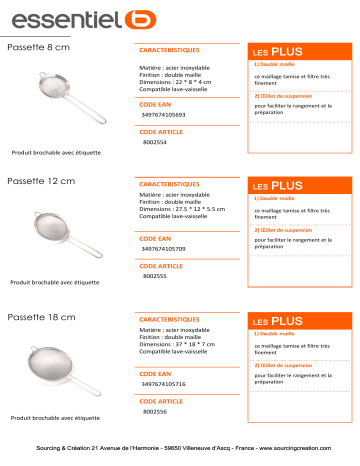 Product information | Essentielb Inox diam8cm Passoire Product fiche | Fixfr