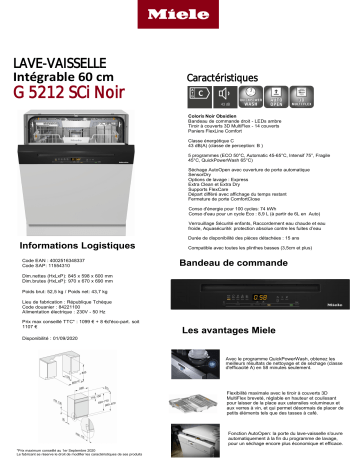 Product information | Miele G 5212 SCi Noir Lave vaisselle encastrable Product fiche | Fixfr