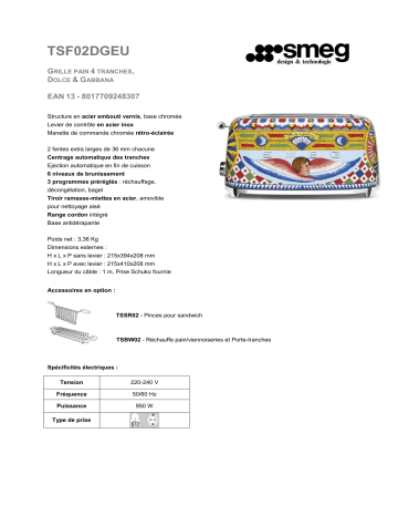 Product information | Smeg TSF02DGEU Dolce Gabbana Grille-pain Product fiche | Fixfr