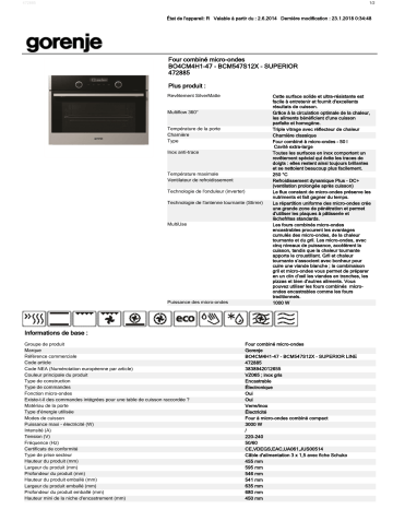 Product information | Gorenje BCM547S12X Micro ondes encastrable Manuel utilisateur | Fixfr