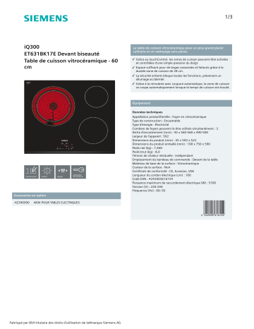 Product information | Siemens ET631BK17E IQ300 Table vitrocéramique Product fiche | Fixfr