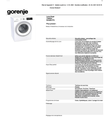 Product information | Gorenje WA96CPS Lave linge hublot Product fiche | Fixfr