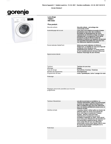 Product information | Gorenje WE72SD Lave linge compact Product fiche | Fixfr