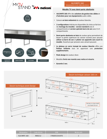Product information | Meliconi Alicante 160 cm blanc Meuble TV Product fiche | Fixfr