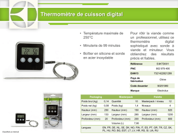 Product information | Electrolux a viande digital-E4KTD001 Thermomètre de cuisson Manuel utilisateur | Fixfr