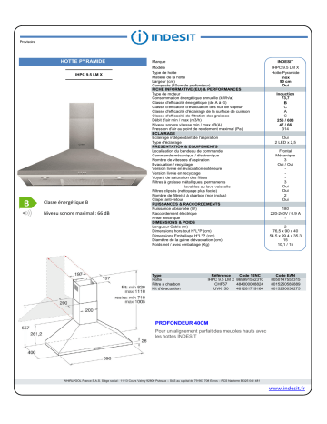 Product information | Indesit IHPC 9.5 LM X Hotte décorative murale Product fiche | Fixfr