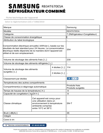 Product information | Samsung RB34T670ESA Réfrigérateur combiné Product fiche | Fixfr