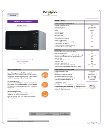 Product information | Whirlpool MWF420SL extraspace Micro ondes Product fiche | Fixfr