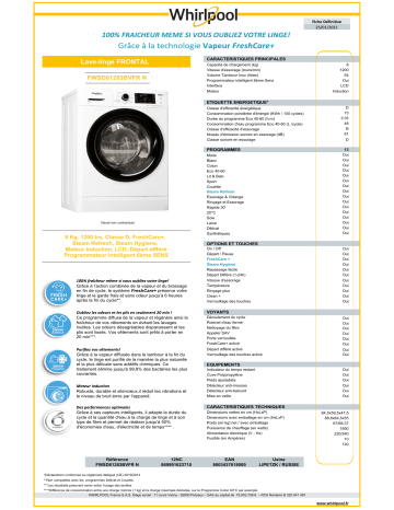 Product information | Whirlpool FWSD81283BVFRN Lave linge compact Product fiche | Fixfr