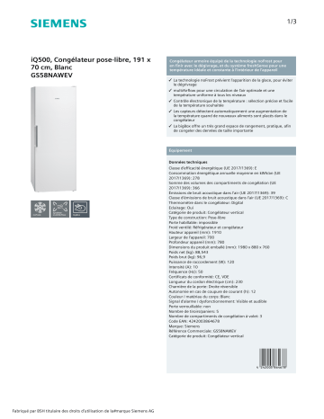 Product information | Siemens GS58NAWEV Congélateur armoire Product fiche | Fixfr