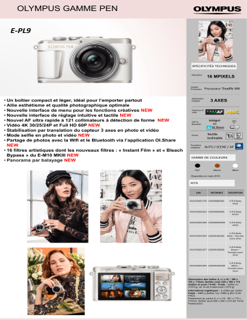 Product information | Olympus Pen E-PL9 Marron + EZ-M14-42mm EZ Silver Appareil photo Hybride Product fiche | Fixfr