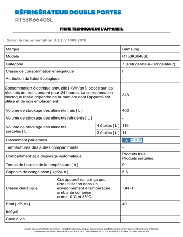 Product information | Samsung RT53K6640SL/EF Réfrigérateur 2 portes Product fiche | Fixfr