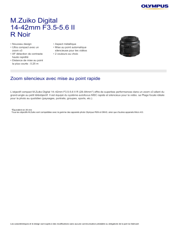 Product information | Olympus Digital ED 14-42mm II R 1:3.5-5.6 Argent Objectif pour Hybride Product fiche | Fixfr