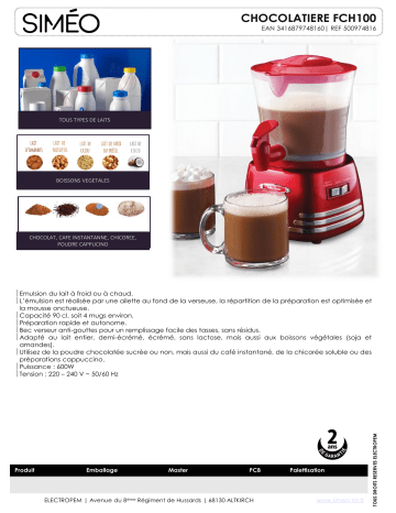 Product information | Simeo FCH100 Chocolatière Product fiche | Fixfr