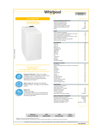 Product information | Whirlpool TDLR55120SFR/N Lave linge top Product fiche | Fixfr