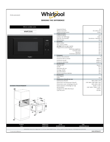 Product information | Whirlpool WMF250G Micro ondes gril Product fiche | Fixfr