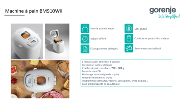 Product information | Gorenje BM910WII Machine à pain Product fiche | Fixfr