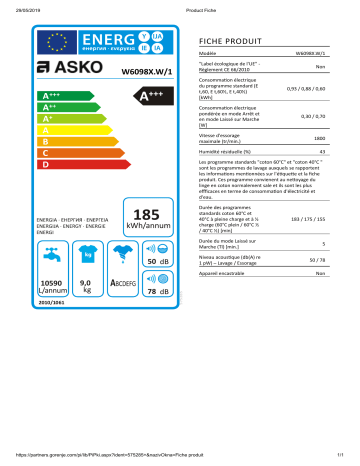 Product information | Asko W6098X.W Lave linge hublot Manuel utilisateur | Fixfr