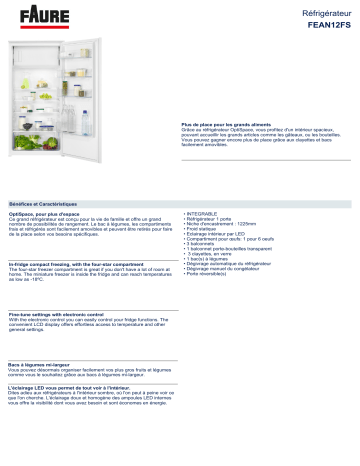 Product information | Faure FEAN12FS Réfrigérateur 1 porte encastrable Product fiche | Fixfr