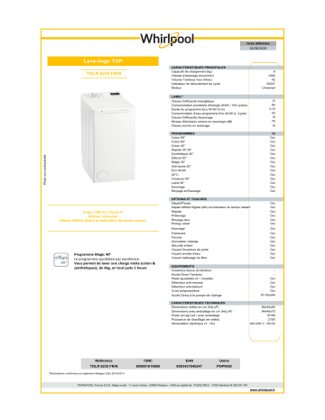 Product information | Whirlpool TDLR6235FR/N Lave linge top Product fiche | Fixfr