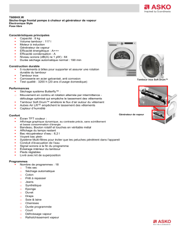 Product information | Asko T608HX.W Sèche linge pompe à chaleur Product fiche | Fixfr